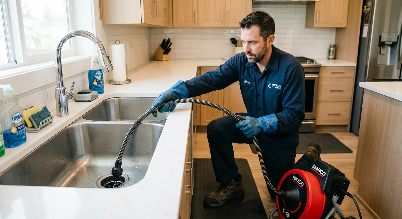 Drain cleaning technician using a motorized snake on a kitchen sink in Swoyersville