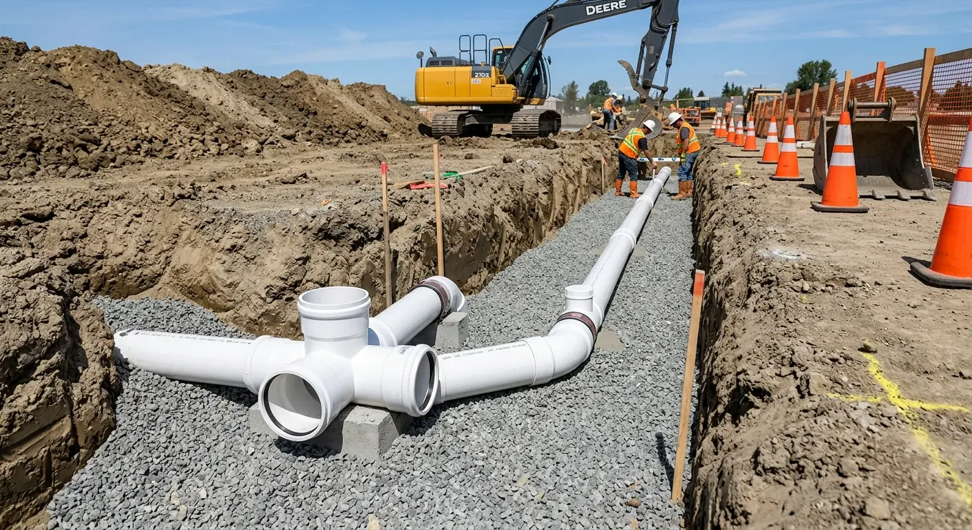 New PVC sewer pipe installation in open trench for Commercial Drain Cleaning in Swoyersville