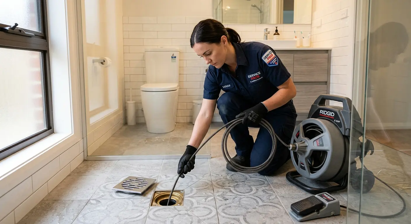 Technician clearing a bathroom floor drain for Clogged Drain Repair in Swoyersville